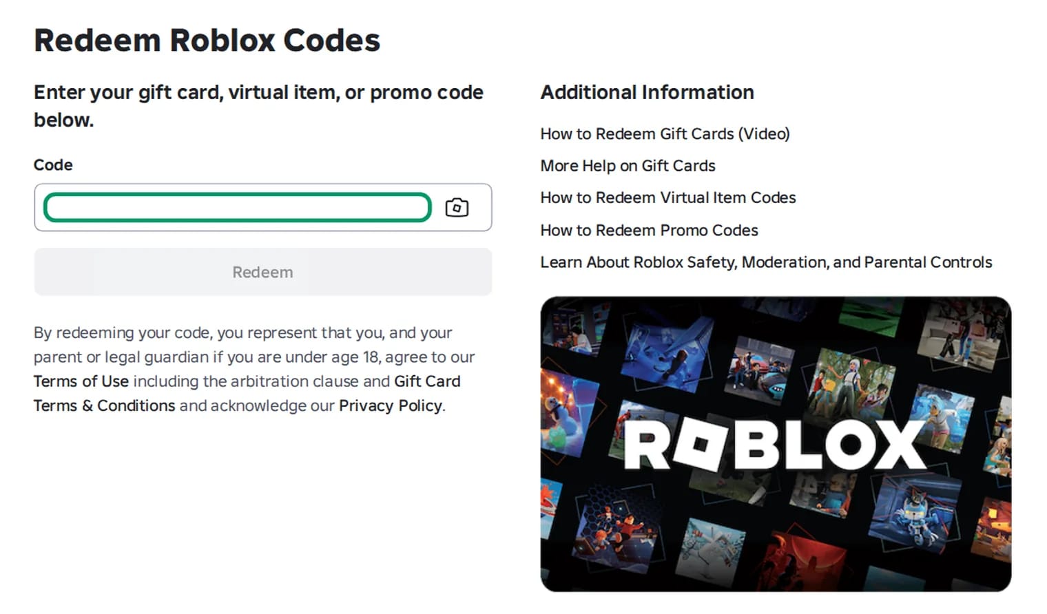 Страница активации подарочной карты Roblox: поле для кода на roblox.com/redeem