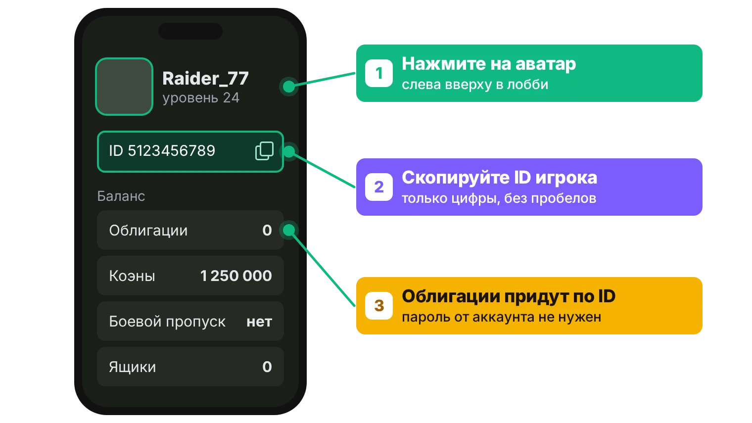 Где найти ID игрока в Arena Breakout: нажать на аватар в левом верхнем углу лобби и скопировать номер под ником