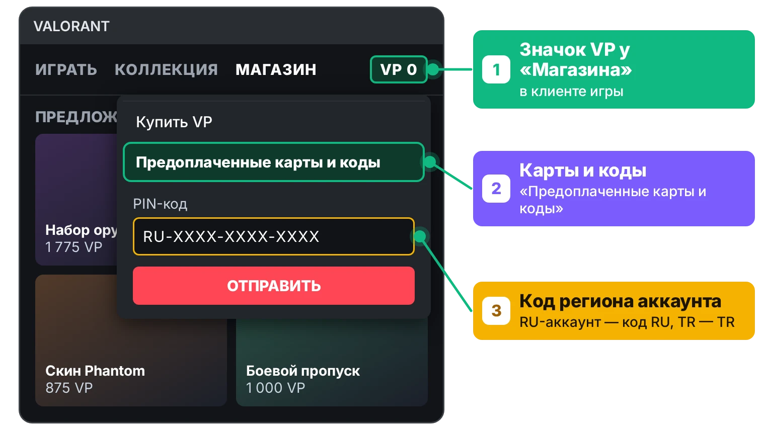 Как задонатить в Валорант: в клиенте открыть значок VP рядом с вкладкой Магазин, выбрать Предоплаченные карты и коды и ввести код